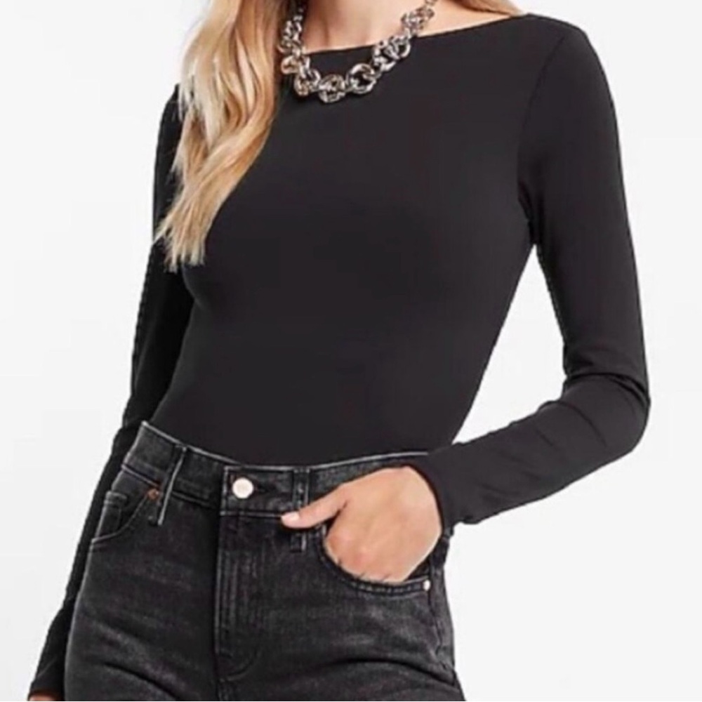 Express Body Contour Black Long Sleeve Boat Neck Low Scoop Back Bodysuit Shirt
